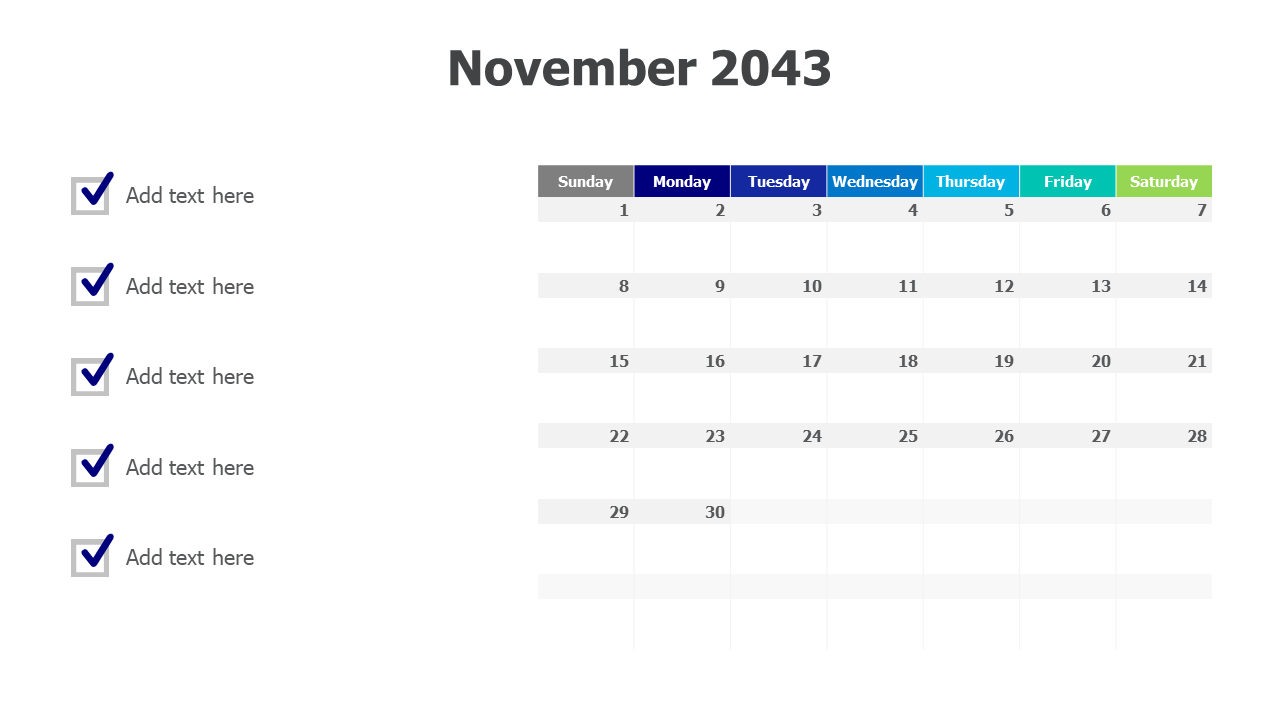 November 2043 calendar with checkmarks