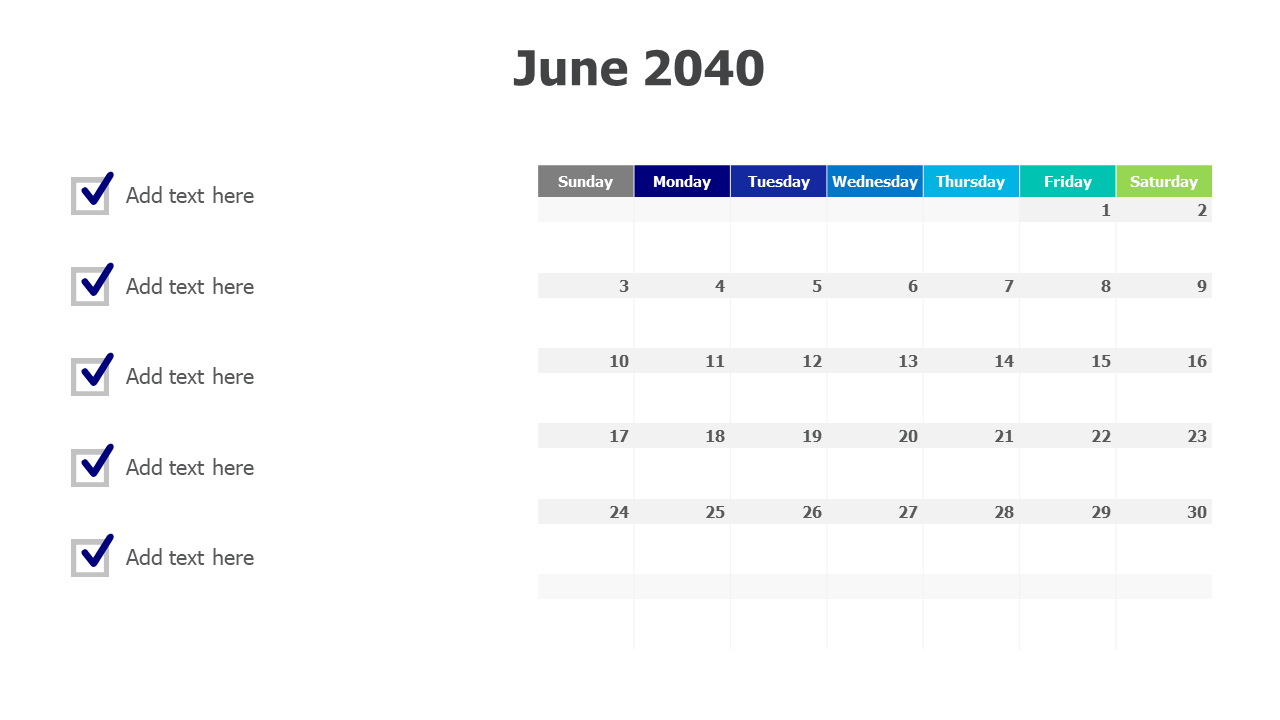 June 2040 calendar with checkmarks