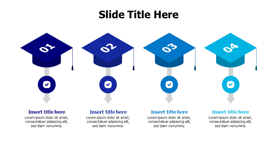 4 colored graduation hats infographic PowerPoint Template