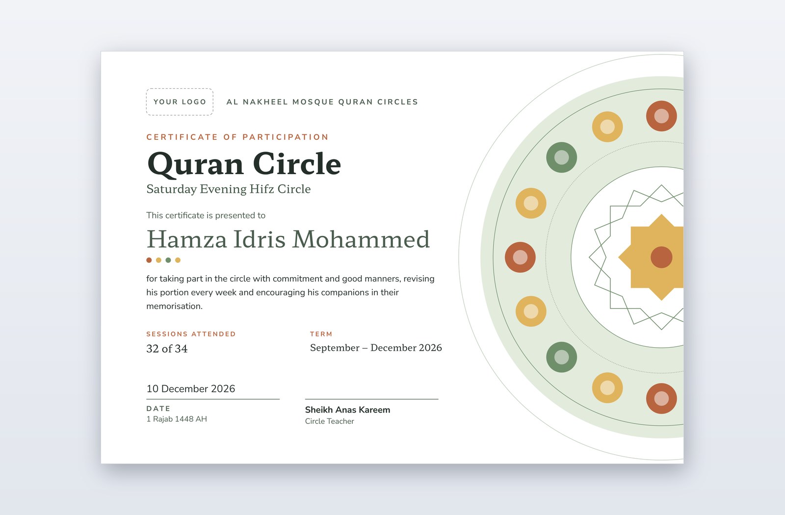 Partiipation Logo Free Quran Circle Participation Certificate Template – Halqa