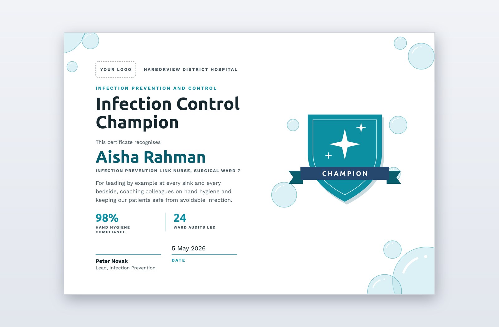 Free Infection Control Champion Certificate Template – Suds
