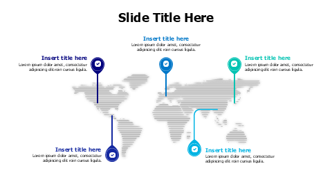 5 location pins on world map infographic with icons