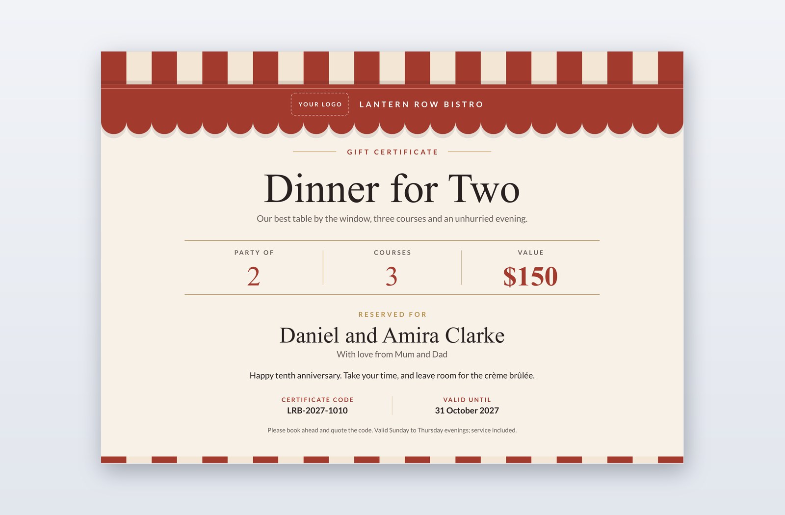 Free Dinner for Two Gift Certificate Template – Banquette