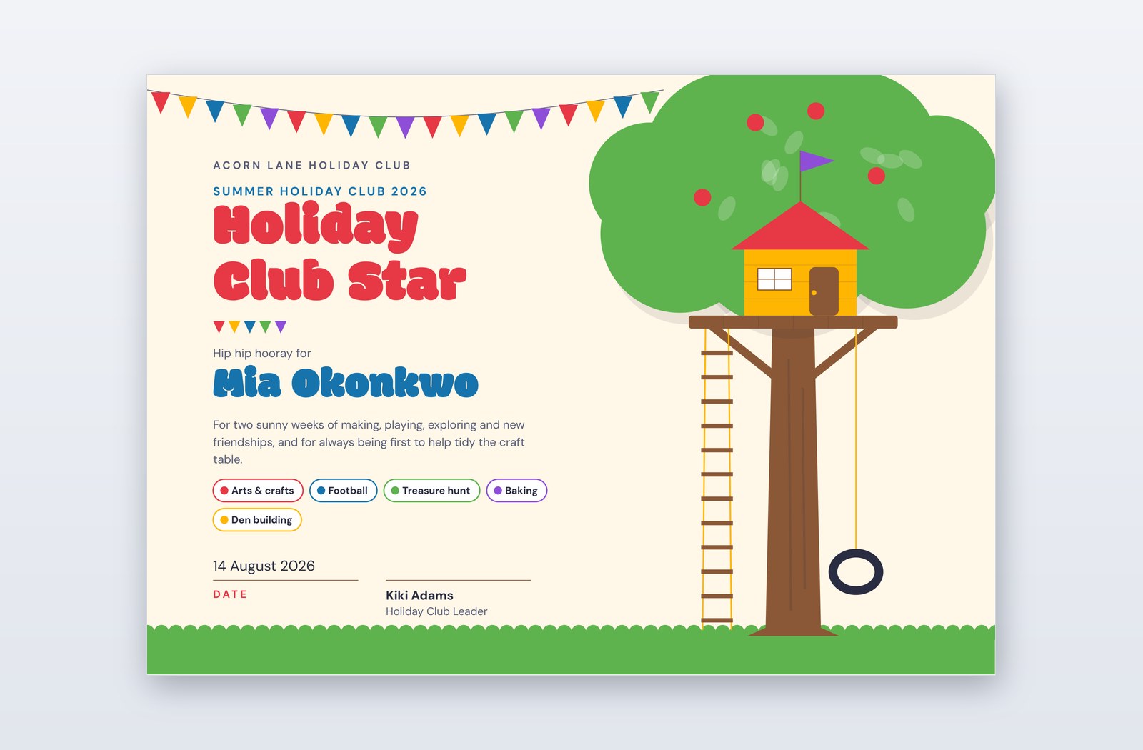 Treehouse Holiday Club Certificate | PPT-Design