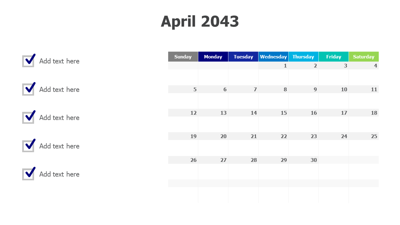 April 2043 calendar with checkmarks