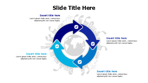 4 rounded colored arrows around world map infographic