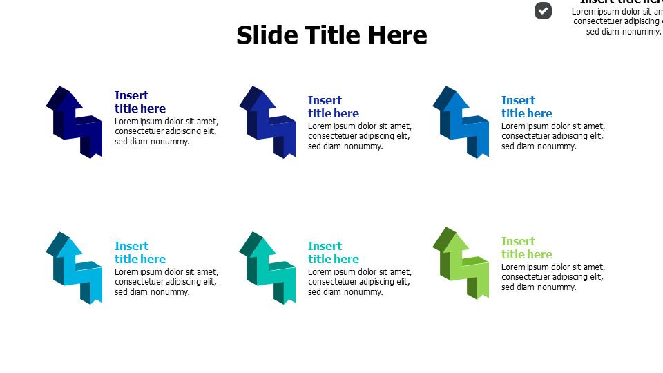 6 points 3D colored sharp arrows infographic