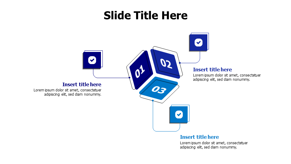 3 points colored shapes making a cube infographic