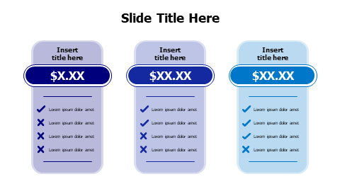 3 colored pricing plan options with correct and wrong signs