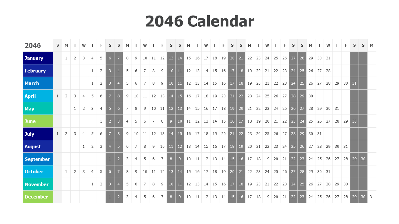 2046 Full Year Calendar Grid Layout | Calendar | PPT Design