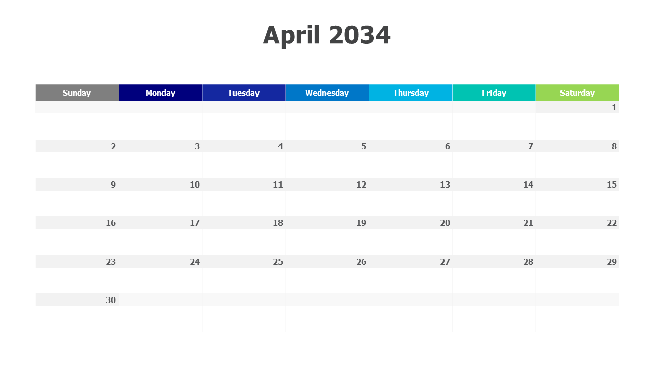 April 2034 Monthly Calendar Grid Layout | PPT Design