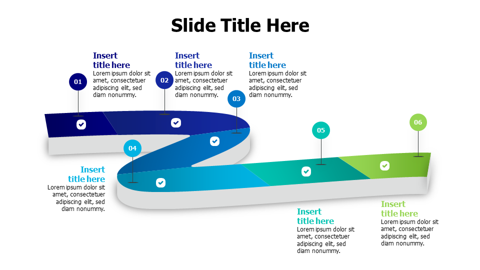 6 points on a curved colored road map infographic