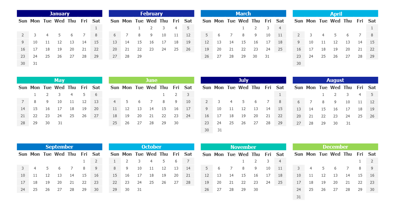 2028 Yearly Grid Calendar Layout PowerPoint Template