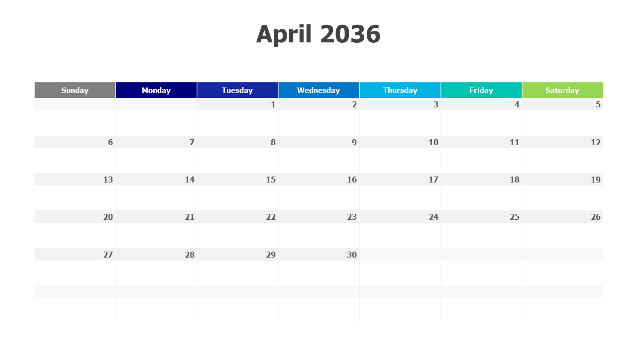 April 2036 calendar PowerPoint Template