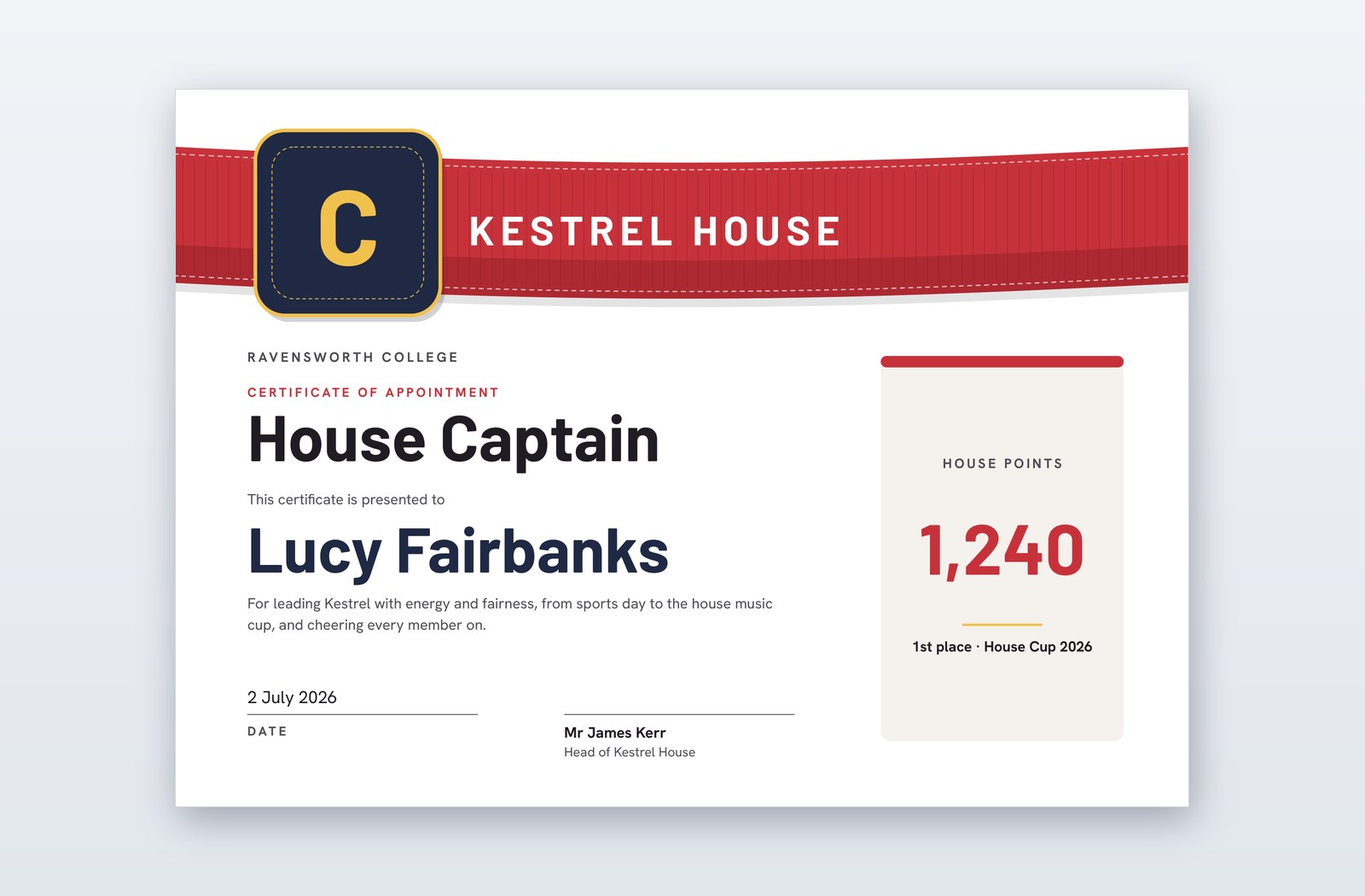 Free House Captain Certificate Template – Brassard