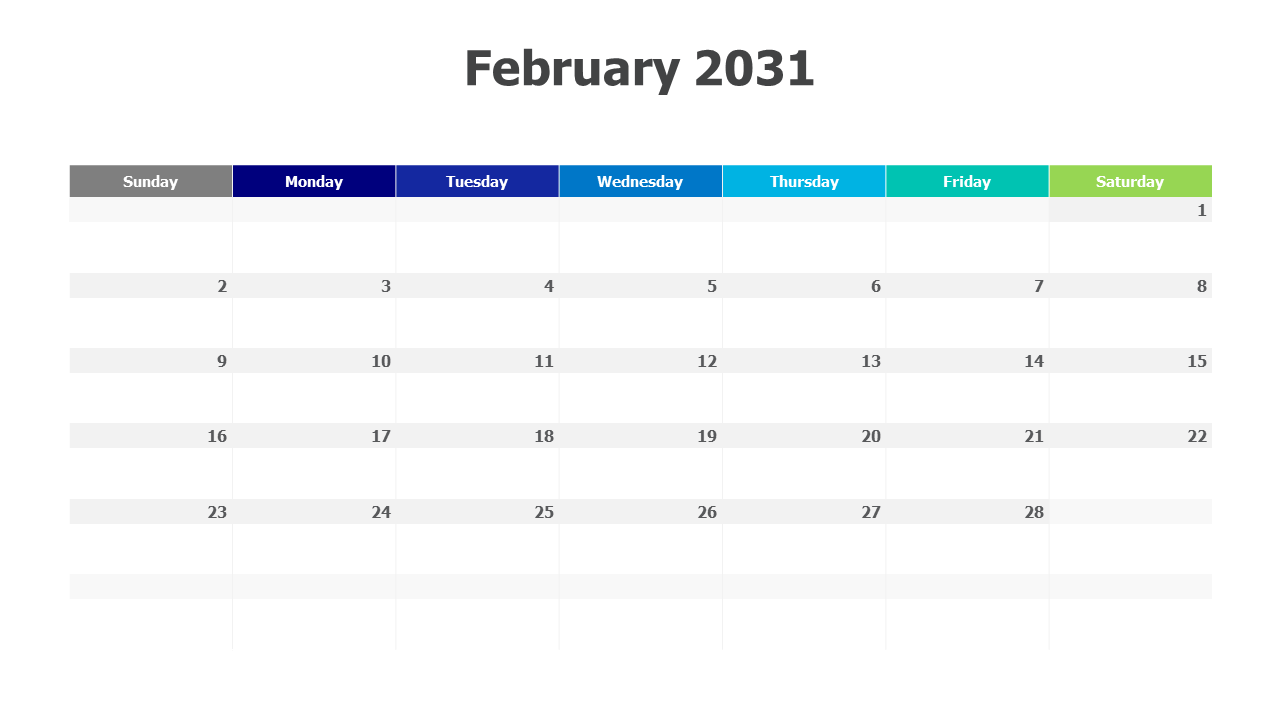 February 2031 Gradient Weekly Calendar Layout | PPT Design
