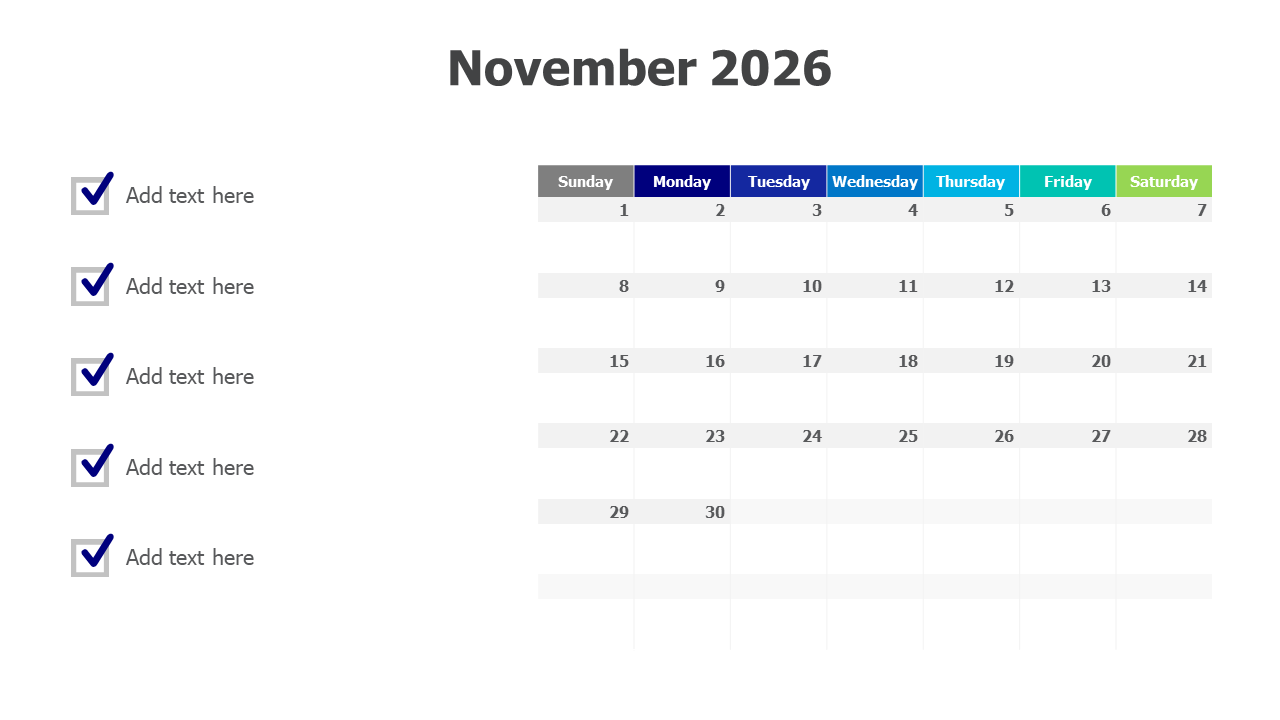 November 2026 calendar with checkmarks
