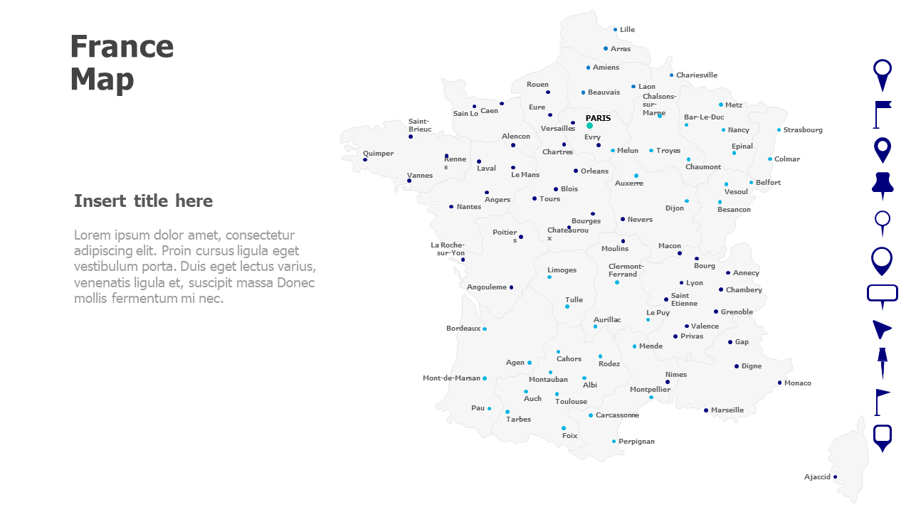 Map,Editable map,pins,countries,counties,infographics,continent,powerpoint,powerpoint infographics,Google slides,Keynote,France Map