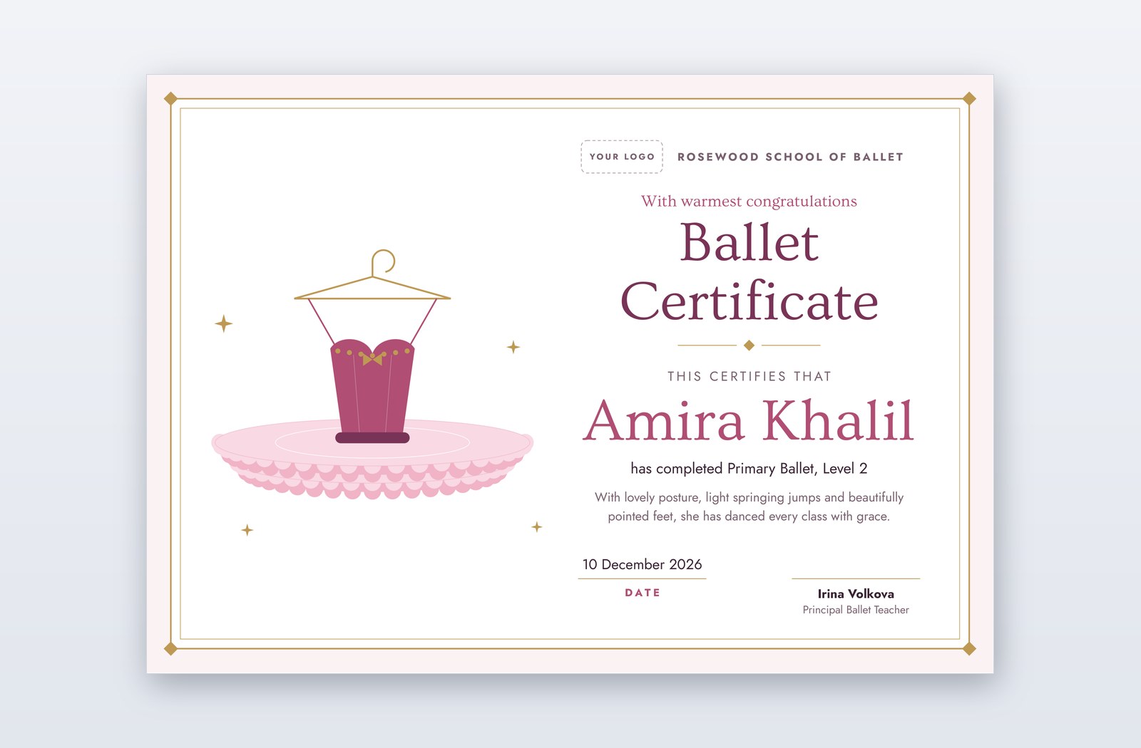 Free Ballet Certificate Template – Organza | PPT-Design