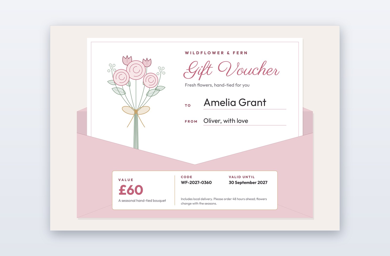 Meme Powerpoint Bon cadeau fleuriste – modèle Petal Post | PPT-Design