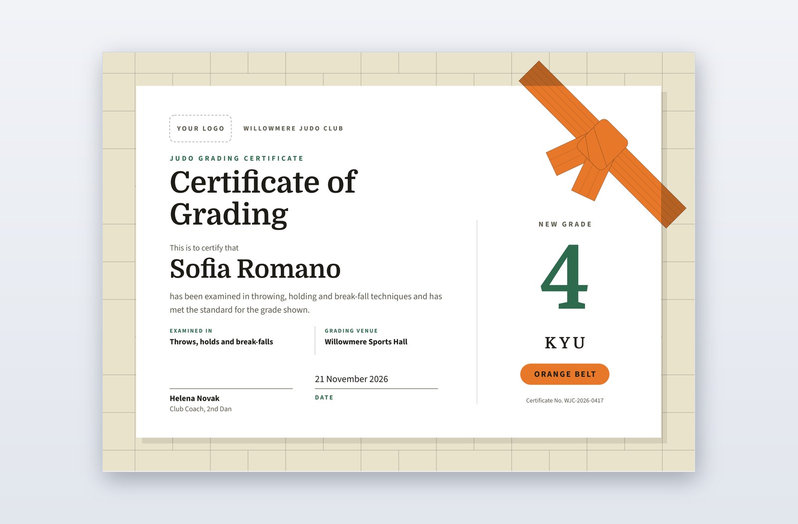 Free Judo Grading Certificate Template – Deashi | PPT-Design