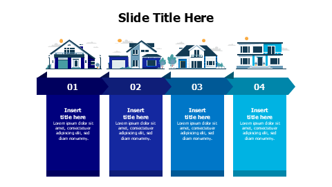 4 points colored houses with arrows and stripes infographic