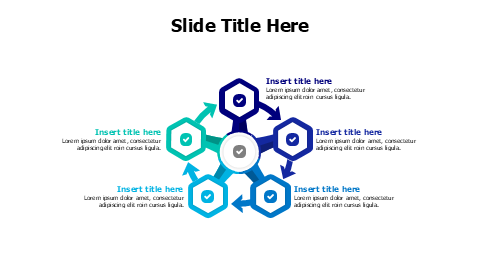 5 points rounding hexagon shapes with arrows infographic