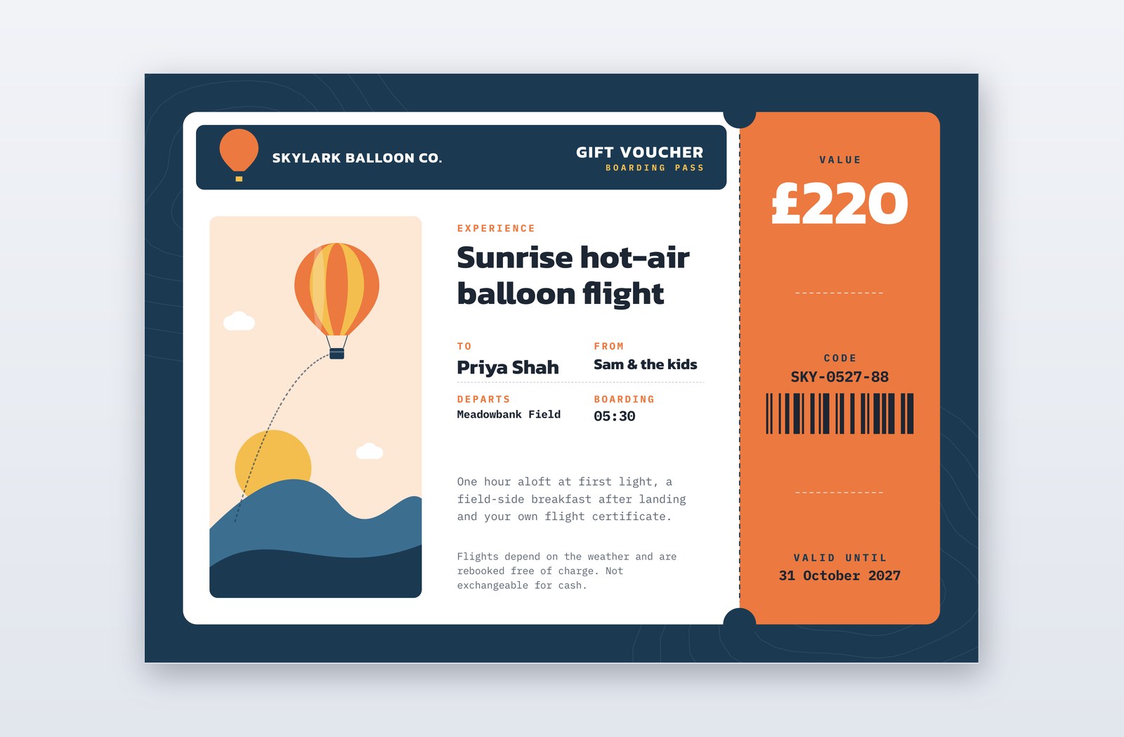 Meme Powerpoint Bon cadeau expérience – modèle Sunrise Flight | PPT-Design