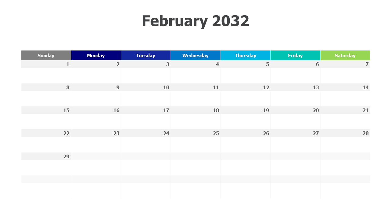 February 2032 Monthly Calendar Grid Layout | PPT Design