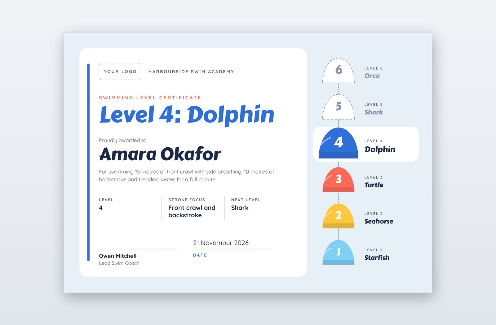 Free Swimming Level Certificate Template – Colour Cap
