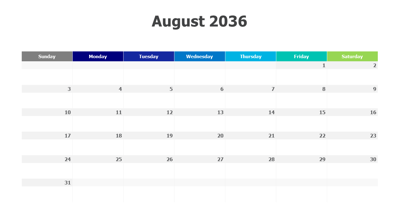 August 2036 calendar PowerPoint Template