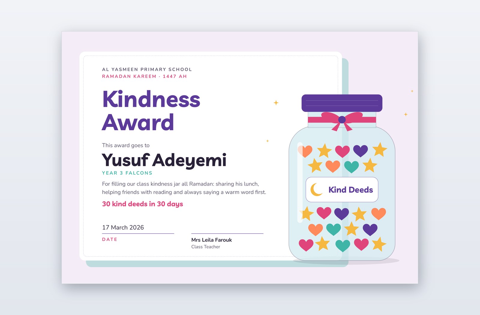 Free Ramadan Kindness Award Certificate Template – Jarful