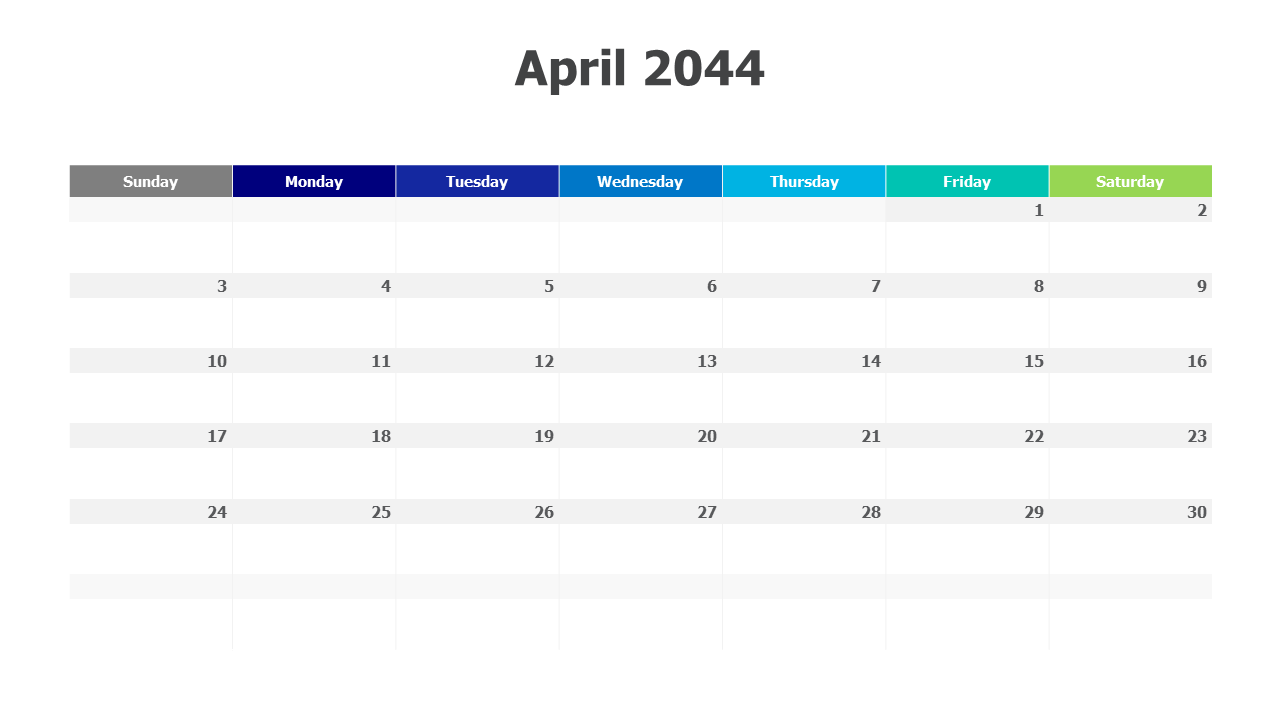 April 2044 Monthly Calendar Grid Layout | PPT Design