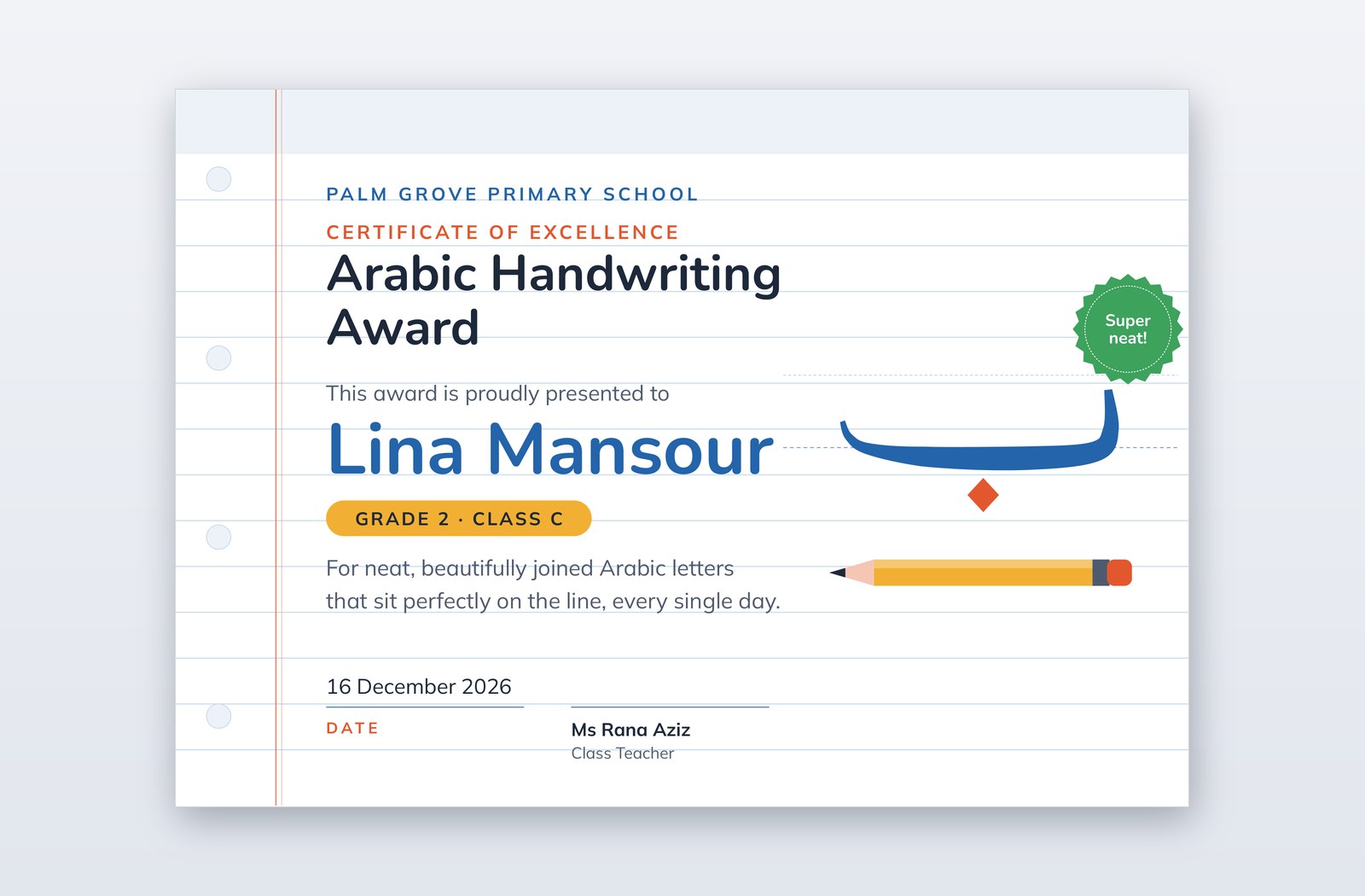 Free Arabic Handwriting Award Template – Neat Hand