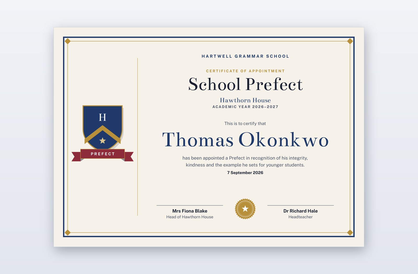 Free Prefect Certificate Template – Blazon | PPT-Design