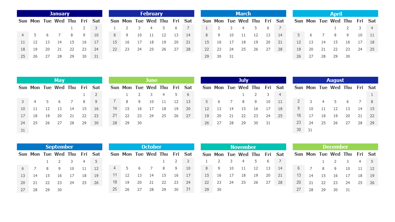 2026 Full Year Calendar Grid Layout PowerPoint Template