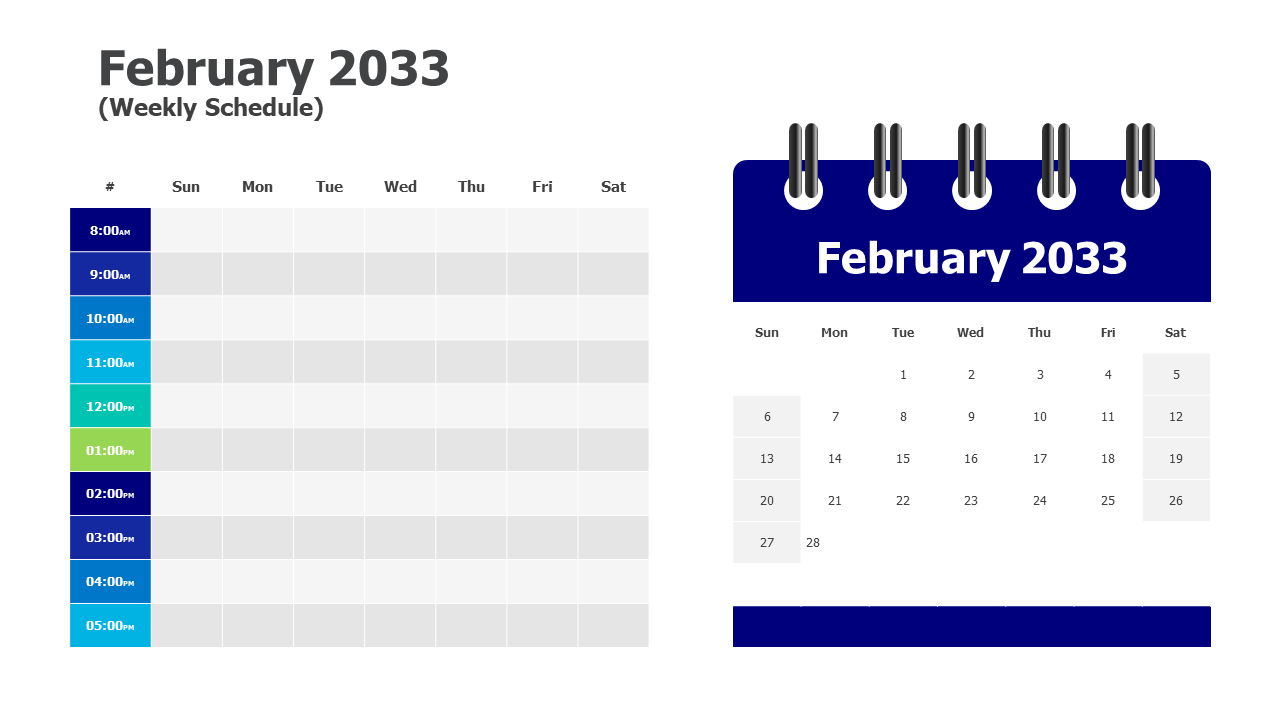 February 2033 Hourly Weekly Schedule Grid | Calendar | PPT Design
