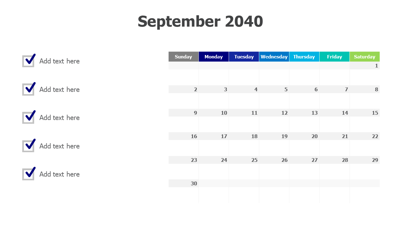 September 2040 calendar with checkmarks
