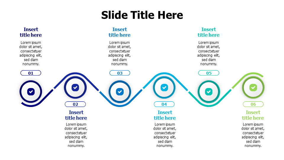 6 circles lined with zigzag arrow infographic