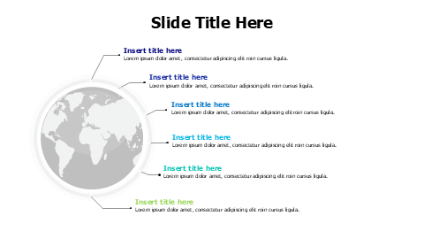 6 points branching world map with colored titles infographic