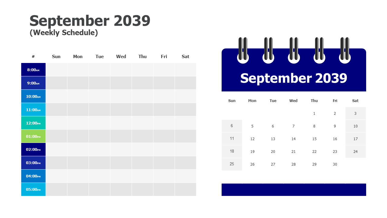 September 2039 weekly schedule