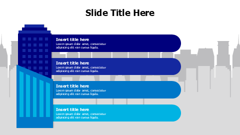 4 stripes with colored flat buildings infographic