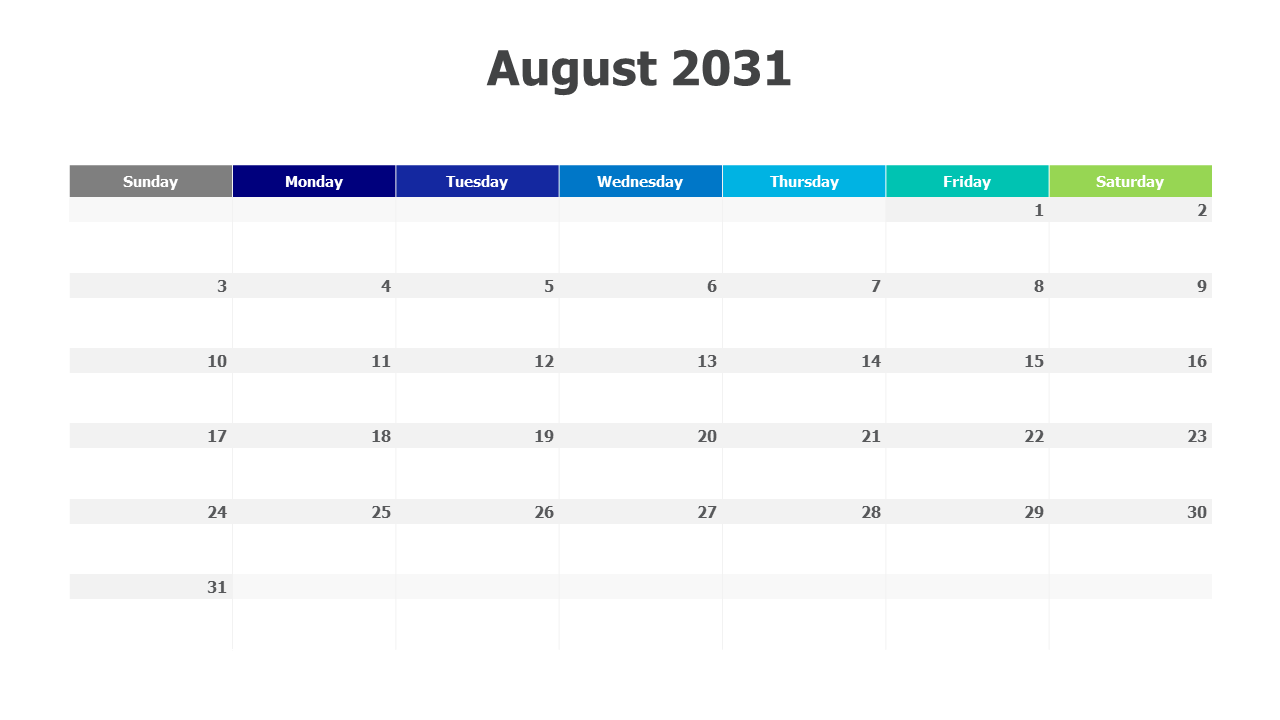 August 2031 Rainbow Header Monthly Calendar | PPT Design