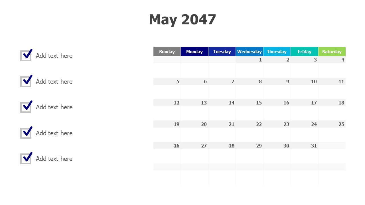 May 2047 calendar with checkmarks PowerPoint Template