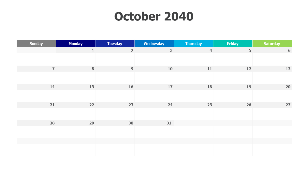 October 2040 calendar-7067 PowerPoint Template