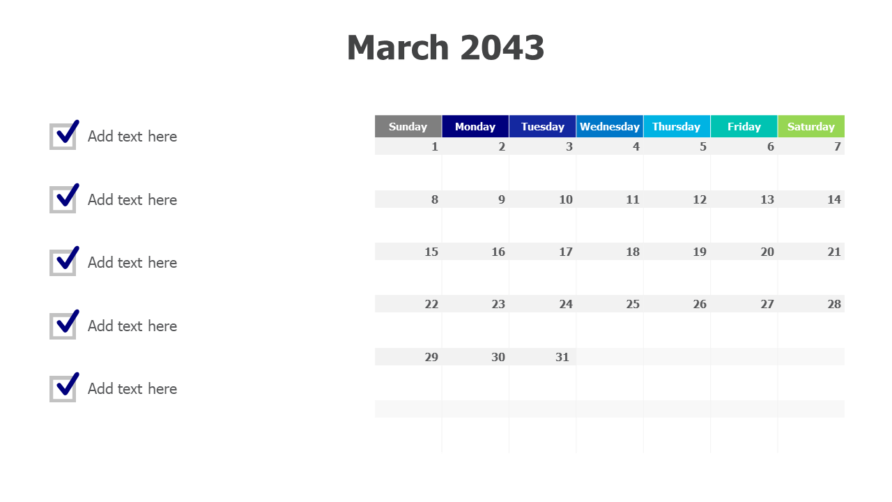 March 2043 calendar with checkmarks