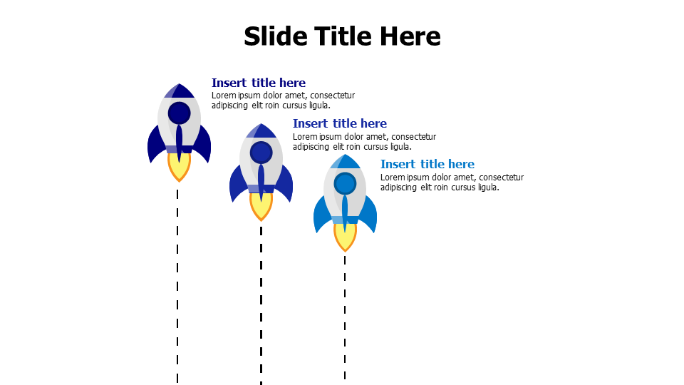 3 points colored rockets with dotted lines infographic