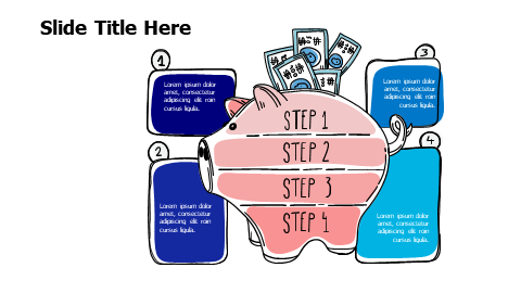 4 sketchy colored blocks around a pigggy bank infographic
