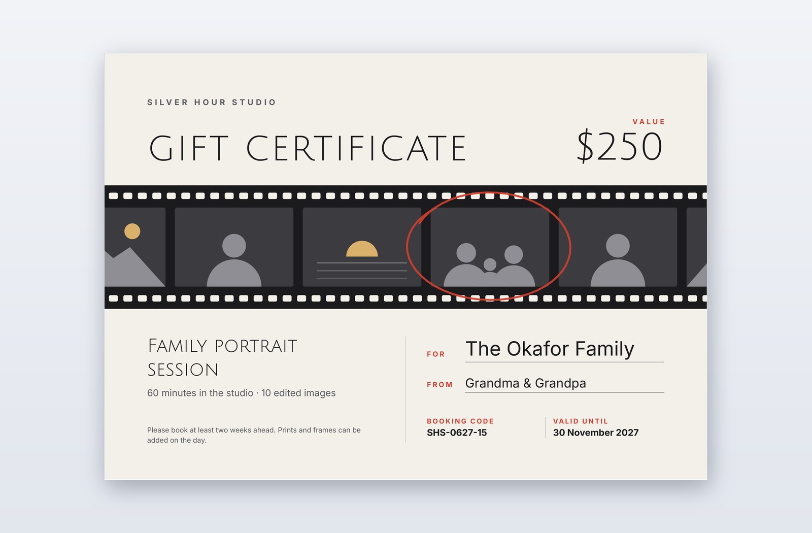 Meme Powerpoint Bon cadeau séance photo – modèle Film Strip | PPT-Design