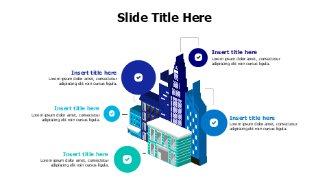 5 points 3D colored buildings infographic icons in circles